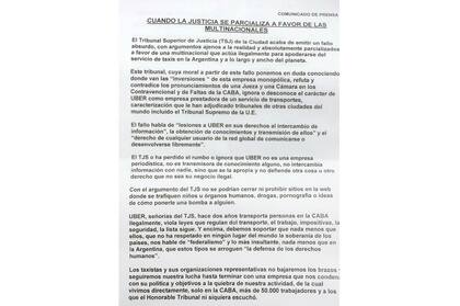 Elcomunicado de los taxistas