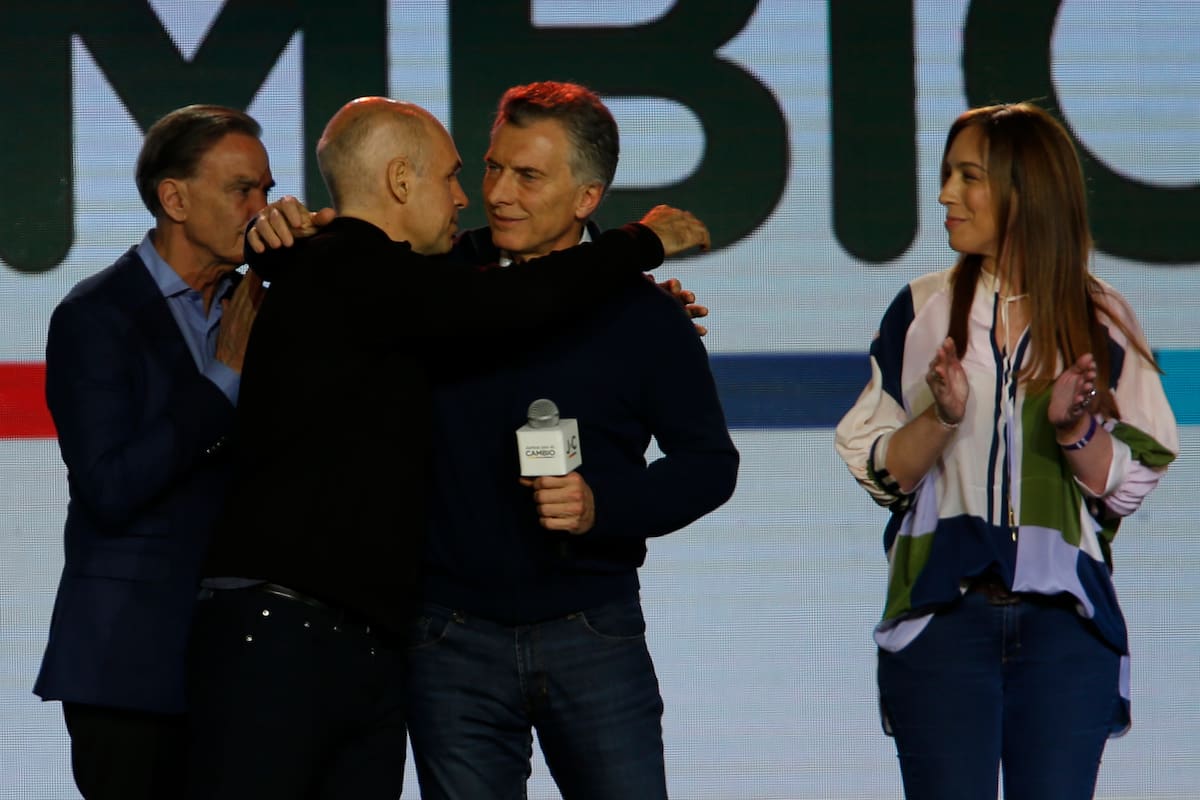 Elecciones primarias abiertas simultaneas y obligatorias, Paso 2019. Bunker de Juntos por el Cambio. Mauricio Macri, Horacio Rodriguez Larreta, Santilli y Maria Eugenia Vida, Lilita Carriol en el pabellon 5 del complejo Costa Salguero. El 11_08_2019