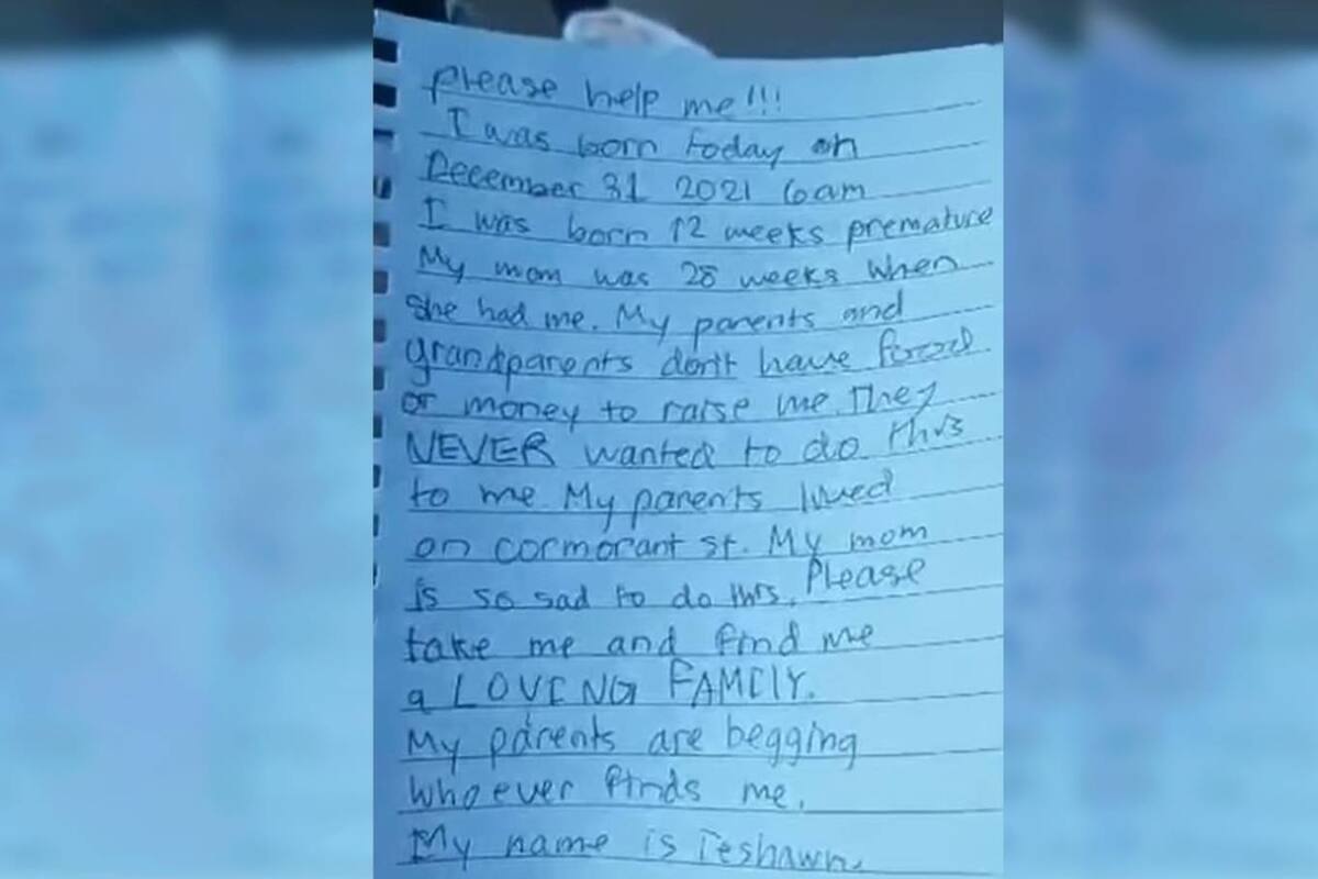 Eli bebé recién nacido fue abandonado en una caja en Año Nuevo, en una ruta de Alaska, con una estremecedora nota escrita en primera persona