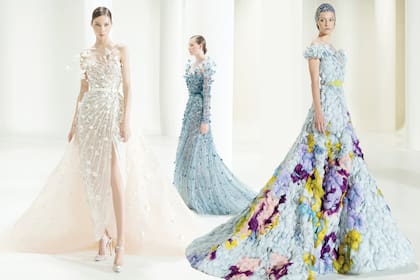 Elie Saab estuvo entre quienes prefirieron revelar sus diseños de manera digital. Titulada “Brotes de esperanza”, la colección del libanés fue una oda a los comienzos. Flores exquisitas, pétalos y ramas "pintaron” un paisaje impresionista sobre sus clásicos trajes de gala, soñados para una futuro pospandémico de grandes ocasiones, brindis y renacimiento.