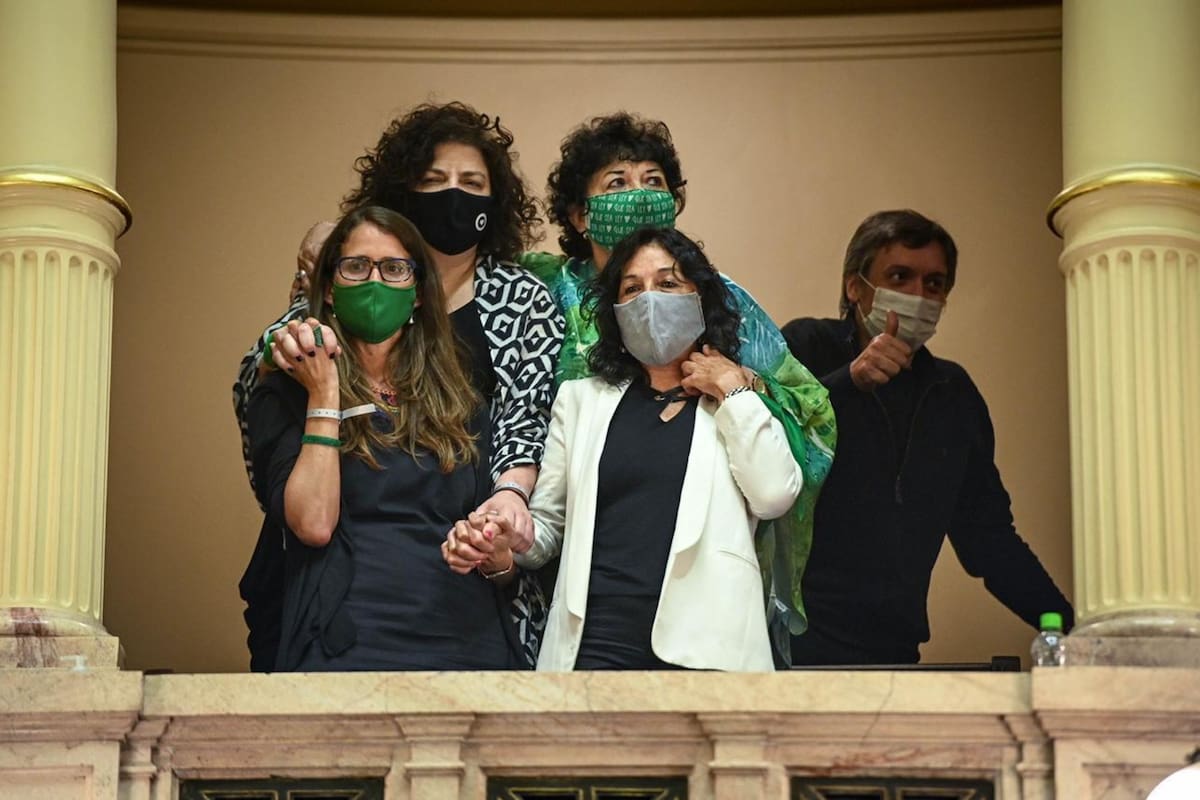 Elizabeth Gómez Alcorta, Carla Vizzotti, Dora Barrancos y Vilma Ibarra, junto a Máximo Kirchner en un palco del Senado durante la votación de la legalización del aborto