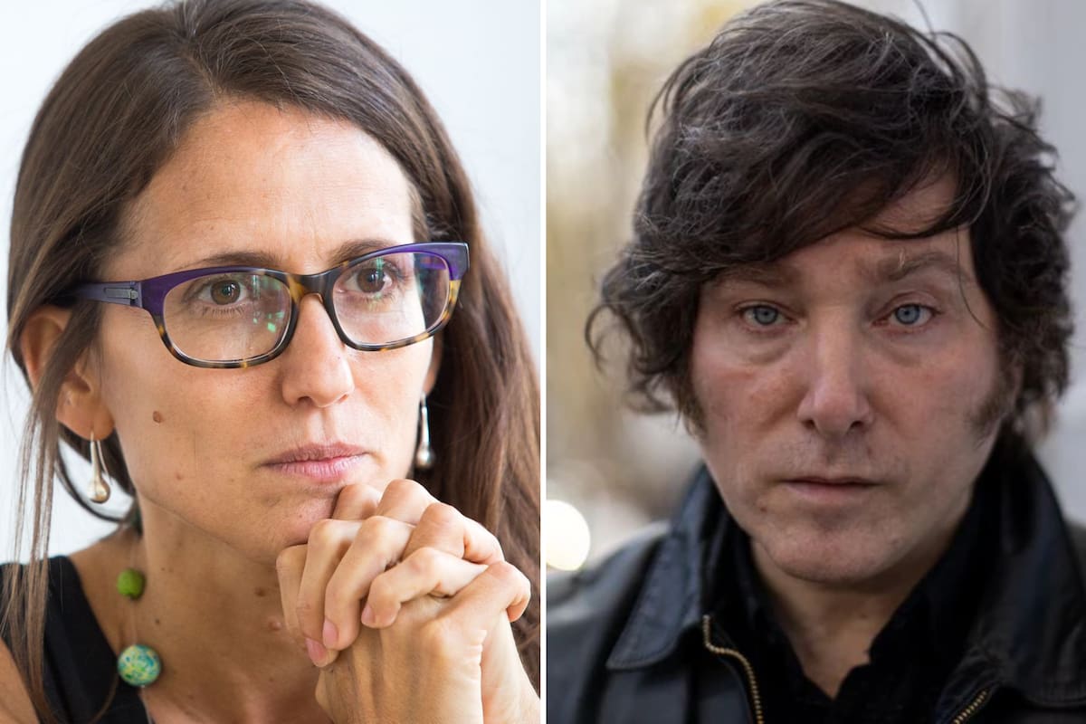Elizabeth Gomez Alcorta, ministra de las Mujeres, Géneros y Diversidad de la Nación, y Javier Milei, candidato a diputado nacional de Avanza Libertad