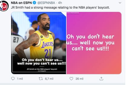 Elocuente mensaje de J. R. Smith, de Los Angeles Lakers, aludiendo a la no presentación de los basquetbolistas: "Ah, no nos oyen... Bueno, ahora no pueden vernos".