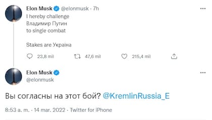 Elon Musk desafió a un duelo "cuerpo a cuerpo" a Vladimir Putin (Foto: Twitter)