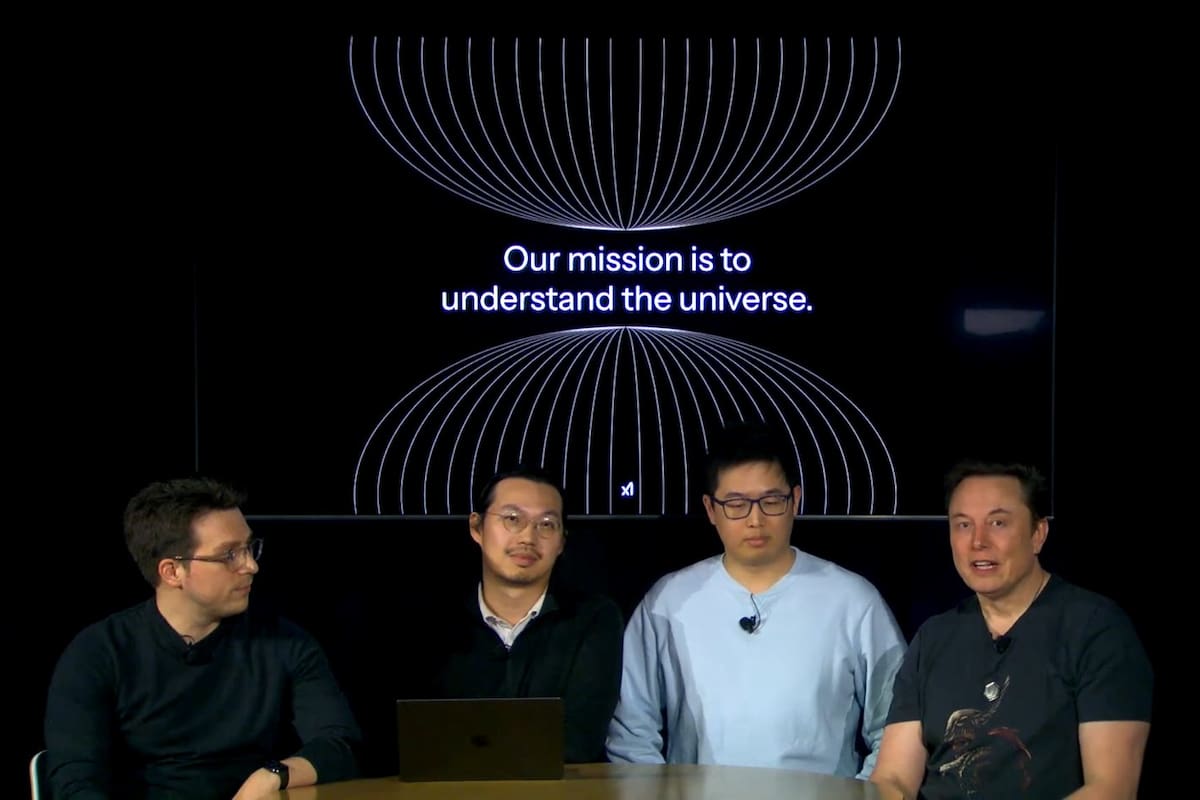 Elon Musk junto a los líderes de investigación, desarrollo e ingeniería. Crédito: Xai.