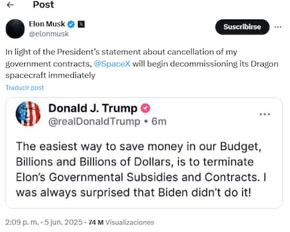 Elon Musk responde a una de las amenazas de Trump con respecto a eliminar sus contratos gubernamentales