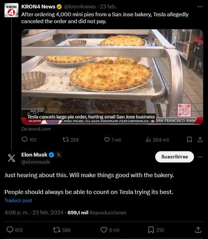 Elon Musk se responsabiliza a pagar la deuda de Tesla con el negocio The Giving Pies