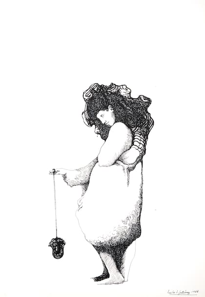 Emilia, jugando con su monedero, 1988. Otro de los dibujos que exhibirá Vasari