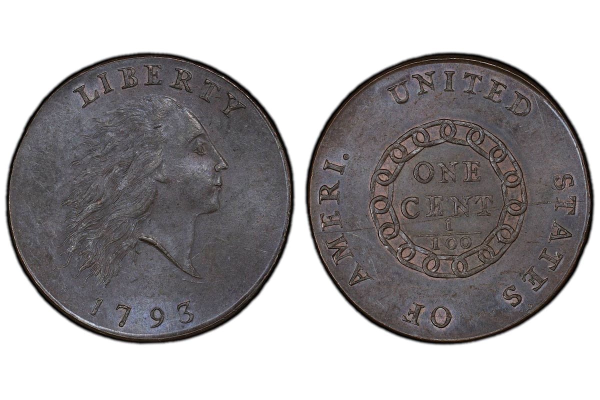 Emitida por la Casa de la Moneda de Filadelfia en 1793, la pieza conocida como Flowing Hair Chain Ameri forma parte de la primera serie de centavos producida de forma regular en Estados Unidos