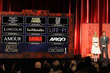 Emma Stone y Seth MacFarlane, junto a la placa con los films que compiten por el premio mayor
