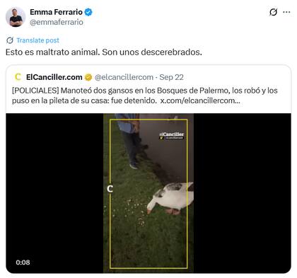 Emmanuel Ferrario sobre el robo de gansos en Palermo (X: @emmaferrario)