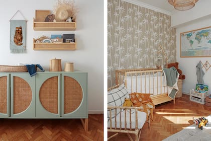 Empapelado ‘Palm pattern’ (Mercedes Costal), cuna ‘Milo’ con móvil de guatambú, sillón ‘Timoteo’ de caña con almohadón ‘Cuadrillé’, alfombra ‘Cuyo’, estante ‘Appin’, perchero ‘Tijera’, cómoda ‘Manly’ de MDF laqueada, lámpara colgante ‘Byron’ (todo de Apatheia).