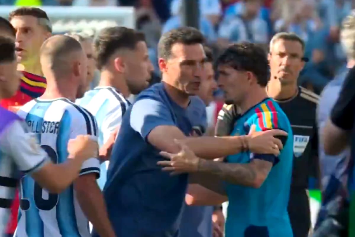 Empujones y cruces entre jugadores de España y la Argentina después de la final del Mundial (Ảnh: LA NACION)