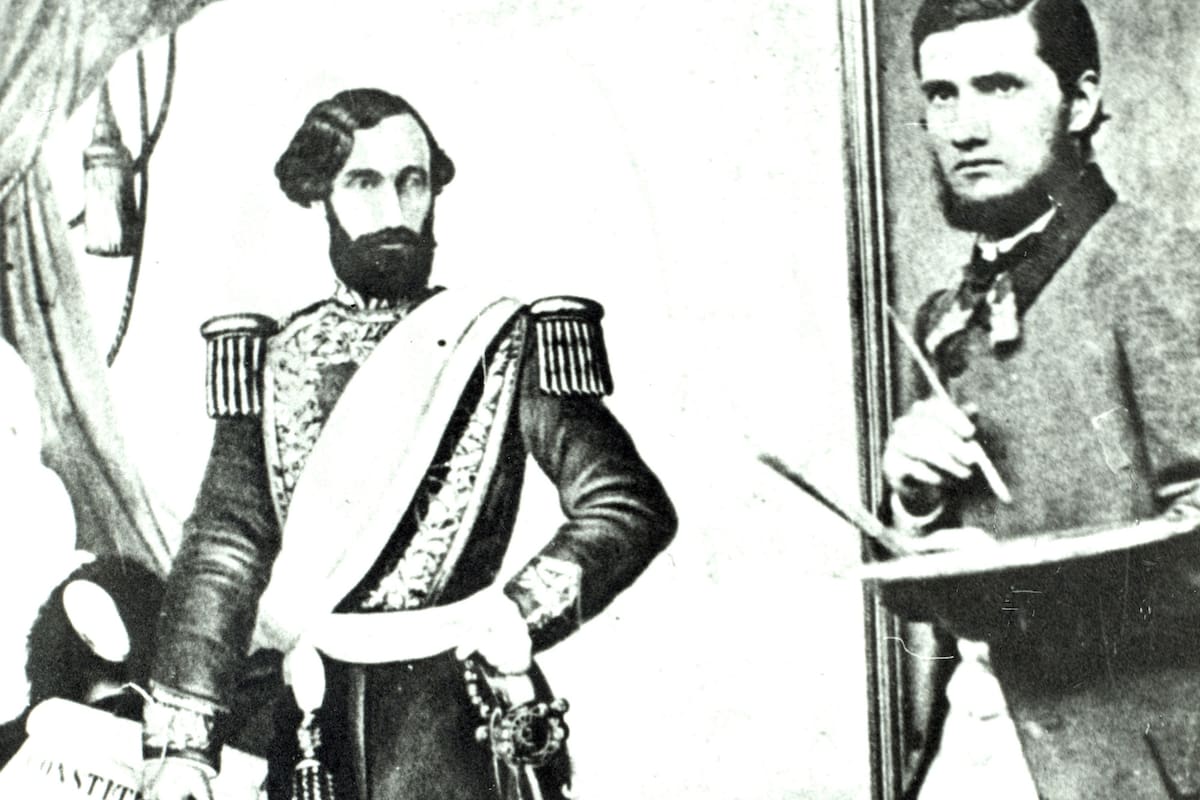 En 1862, Cándido López posa con una pintura de Bartolomé Mitre, en Mercedes
