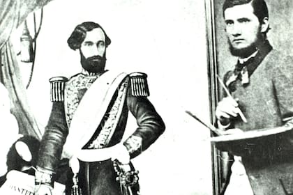 En 1862, Cándido López posa con una pintura de Bartolomé Mitre, en Mercedes