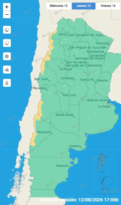 En algunas provincias del país rigen alertas por nevadas y vientos