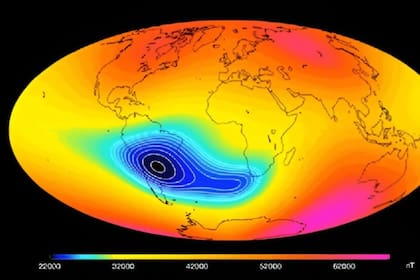 En azul, Anomalía Magnética del Atlántico Sur. Foto: cedida por Ramón Caraballo.