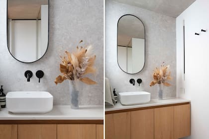 En baño, revestimiento de 1,20x1,20m (SBG). Bacha de apoyo y grifería (Ponthus).