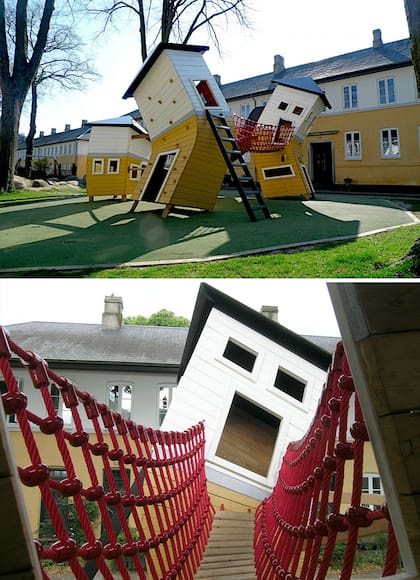 En Brumleby estas casas torcidas son una atracción para los más pequeños