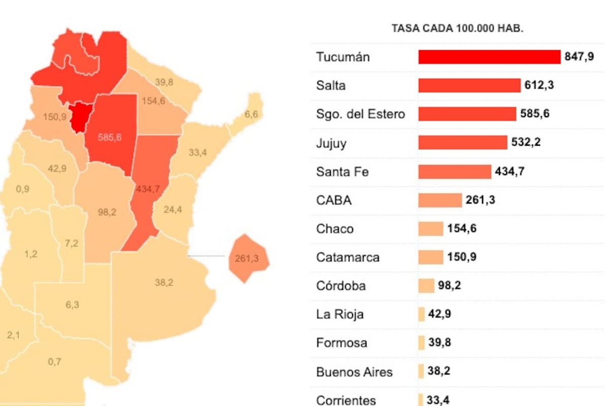 En cantidad de infectados cada 100.000 habitantes, las provincias con mayor tasa son Tucumán, Salta, Santiago del Estero y Jujuy