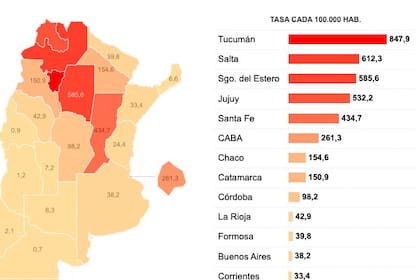 En cantidad de infectados cada 100.000 habitantes, las provincias con mayor tasa son Tucumán, Salta, Santiago del Estero y Jujuy