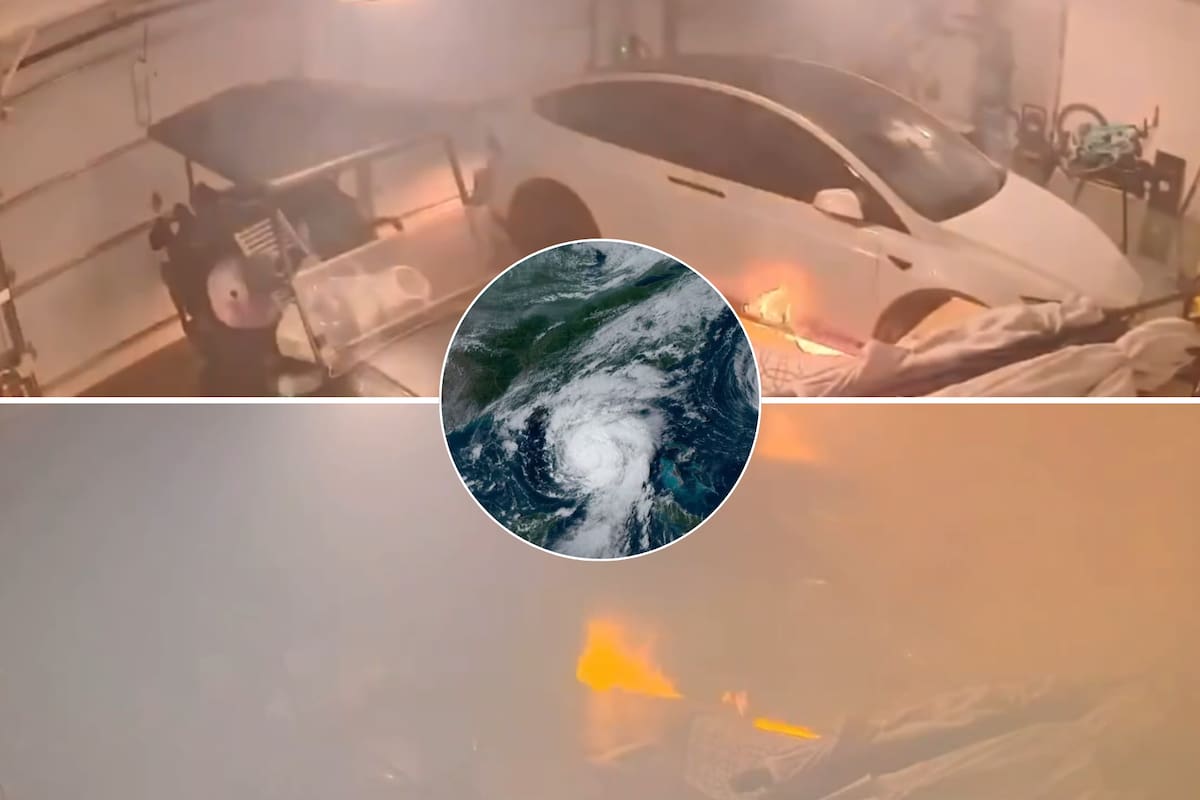 En cuestión de segundos, un auto eléctrico se prendió fuego durante las inundaciones que provocó el huracán Helene en el condado de Pinellas, Florida