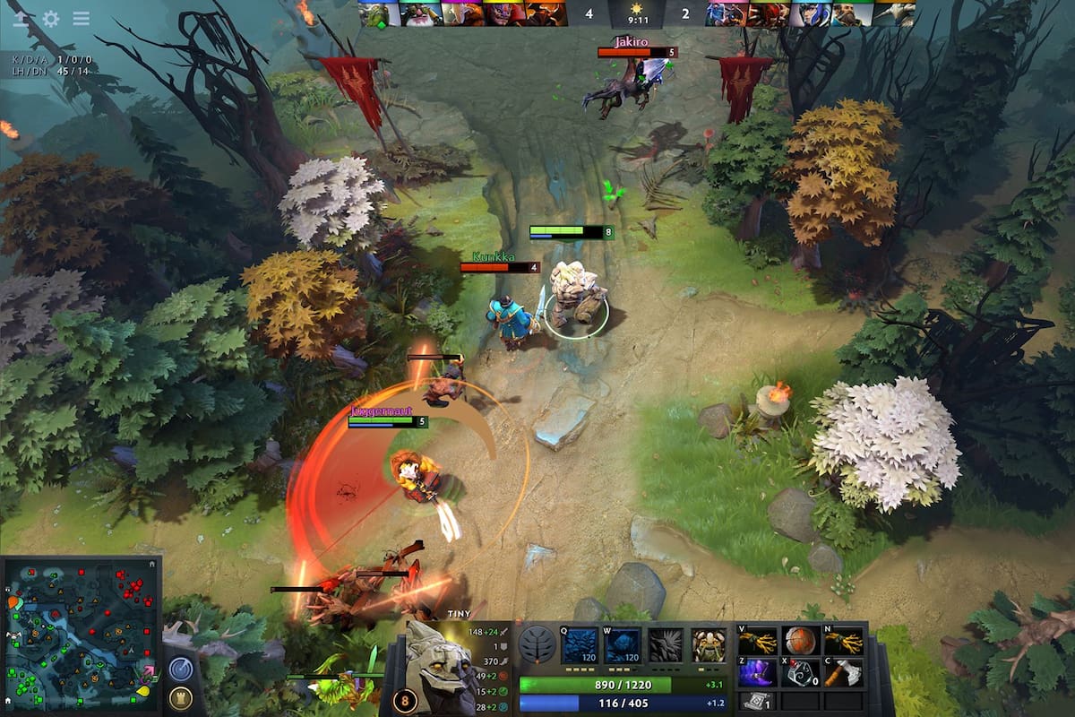 En Dota 2, dos equipos de cinco integrantes deben defender su base y avanzar sobre la enemiga, ubicada en la esquina opuesta del mapa, usando héroes (unidades de habilidades especiales)