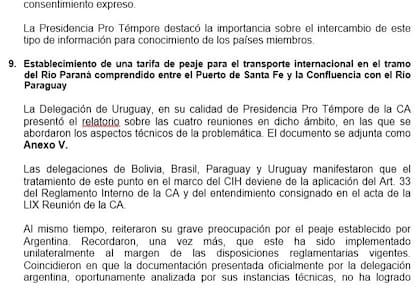 En el acta de reunión del Comité de la Hidrovía, cuatro países critican el peaje "unilateral" de Argentina