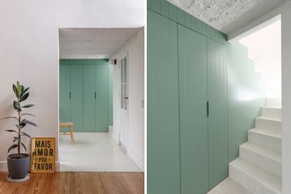 En el área de servicio, el piso y el revestimiento de la escalera se hicieron de terrazo (Pimux). En el primer caso, el material se vertió in situ; las alzadas y pedadas, en cambio, se hicieron con placas prefabricadas. Mueble ranurado y laqueado (Obliquo).
