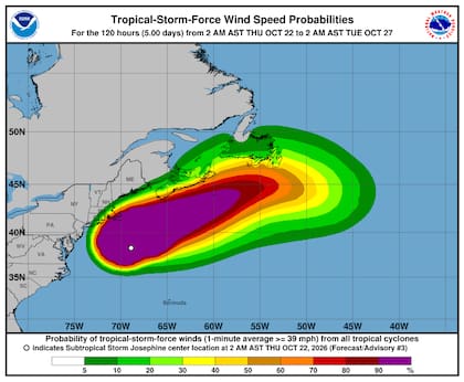 En el Atlántico Norte, la tormenta subtropical Josephine registró un incremento en su convección durante la jornada del jueves 22 de octubre