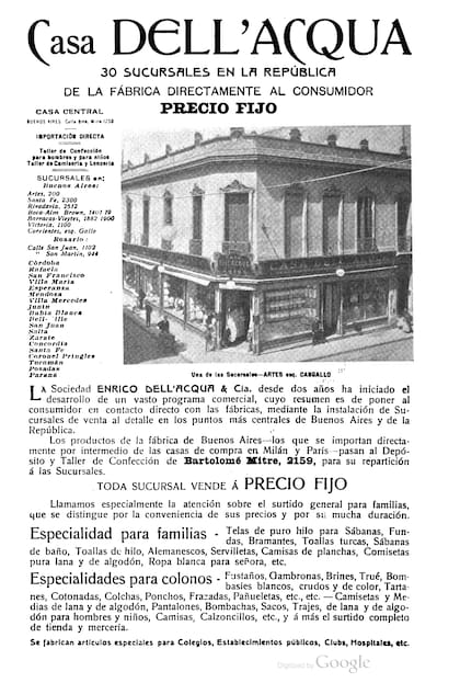 En el aviso de Caras y Caretas de 1906 pueden leerse algunas de las sucursales del interior que se suman a las siete de Buenos Aires. Estaban en Córdoba, Rafaela, San Francisco, Villa María, Esperanza, Mendoza, Villa Mercedes, Concordia, Coronel Pringles, y más.