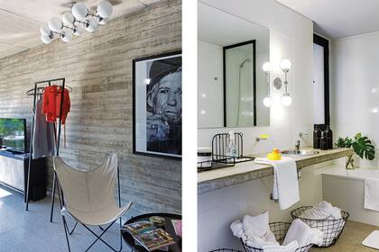 Cómoda con frente de melamina símil concreto y fresno negro (Almacén del Hogar). Perchero (Felipe Primero). Sillón BKF (Bartolomea Home). Artefactos de luz del living y el baño (Red Sur). Allí, canastos de alambre (Mercado de Pulgas).