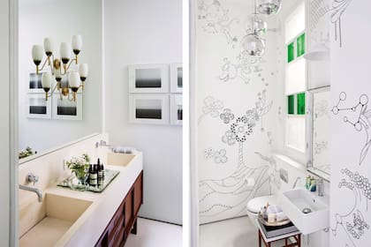 En el baño de la suite, fotografías enmarcadas Time exposed: Seascapes, de Hiroshi Sugimoto, y apliques italianos sobre el espejo. El toilette tiene un mural del artista japonés Yoshi Sislay y lámpara ‘3 mirror balls’ (Tom Dixon).