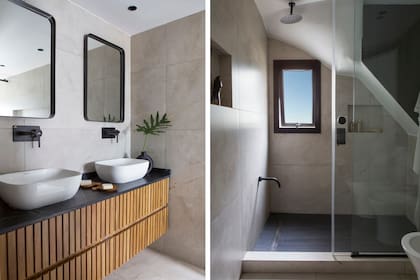 En el baño de la suite, se aprovechó el bajo de la escalera que lleva a la terraza para ubicar la ducha. Cuenta con un dúo de espejos enmarcados (Limonita), bachas de apoyo (Piazza) y grifería (Hidromet).
