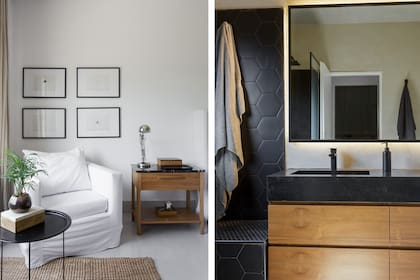 En el baño del varón, cerámicos hexagonales negros (Syria Cerámicos). Mueble de petiribí (Arq. Lourdes Yarade Saravia). Espejo retroiluminado (Santa Rita Cristales). Mesada de granito negro leather con bacha conformada (Marmolería San Jorge). Grifería (Peirano).