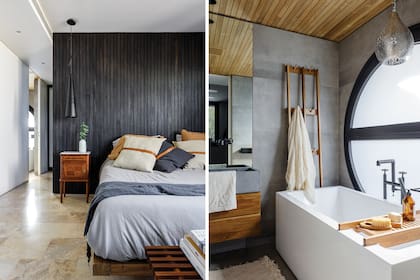 En el baño en suite, bacha en Purastone ‘Concrete Dark’ (Marmolería Cavatori). Perchero de petiribí (Kikely). Bañera ‘Isla Cuadra Khios’ (Ferrum), con grifería Thol ‘L18’.