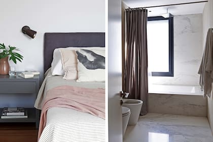 En el baño en suite, piso de porcelanato símil Carrara y cortinas de gros (Graciela Márques).