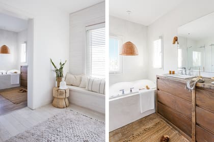 En el baño, mueble de madera de anchico. Jacuzzi (Buck & Buck). Grifería (FV). Bachas (Ferrum). Alfombra de yute (Casa María Paula). Toalla (Luna Deco). En toda la planta alta, piso 'Ibirapuera’ (Portobello).