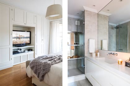 En el baño, piso y revestimiento de SBG. Mueble (diseño Estudio AT Arqs). Grifería (FV). Espejos y mampara (All Glass Vitraux D’Art). Vela en vaso metálico dorado (Bohemia Velas). Mesada de Silestone blanco (Marmolería De Mori). Cepillos, jabones y esponjas (Jabones Naturales Saponarium).