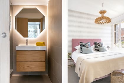 En el baño, revestimiento 'Signs' (41zero42), mueble en Roble mate y mesada de 'Corian'. El cuarto tiene una lámpara 'Dome' (Bover) y cama con plaid y almohadones en tejido 'Katy Perry' (Zeconzeta) y 'Kanvas' (Güell Lamadrid).