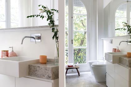 En el baño se retoman los materiales de la cocina, y el tono se vuelve minimalista. La clave está en el diseño de la bacha y la selección de artefactos modernos, sin muchos elementos más.