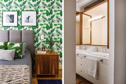 Empapelado de Sofía Willemoës En el baño, vanitory laqueado blanco mate, un diseño del Estudio realizado por Muebles MUC.