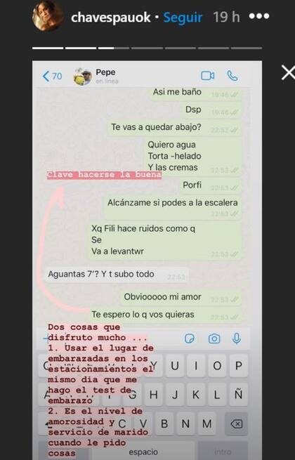 En el chateo de WhatsApp Chaves le pide una serie de cosas a su marido, en medio de la nueva rutina que vive la pareja por la llegada de su tercera hija, Filipa