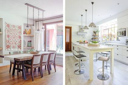 En el comedor, mesa de lapacho de 3 pulgadas con pie industrial (Amighini) y lámparas colgantes (Iluminación Mejía Mangudo). Campana (Ubiria). Mesadas en Silestone. Piso de porcelanato símil madera.
