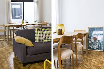 En el comedor, sillas vintage (Mercado de las Pulgas) y almohadones a todo color (Franca). El living, con muebles de su anterior PH, todavía está en proceso. “La idea es cargarlo un poco más”.