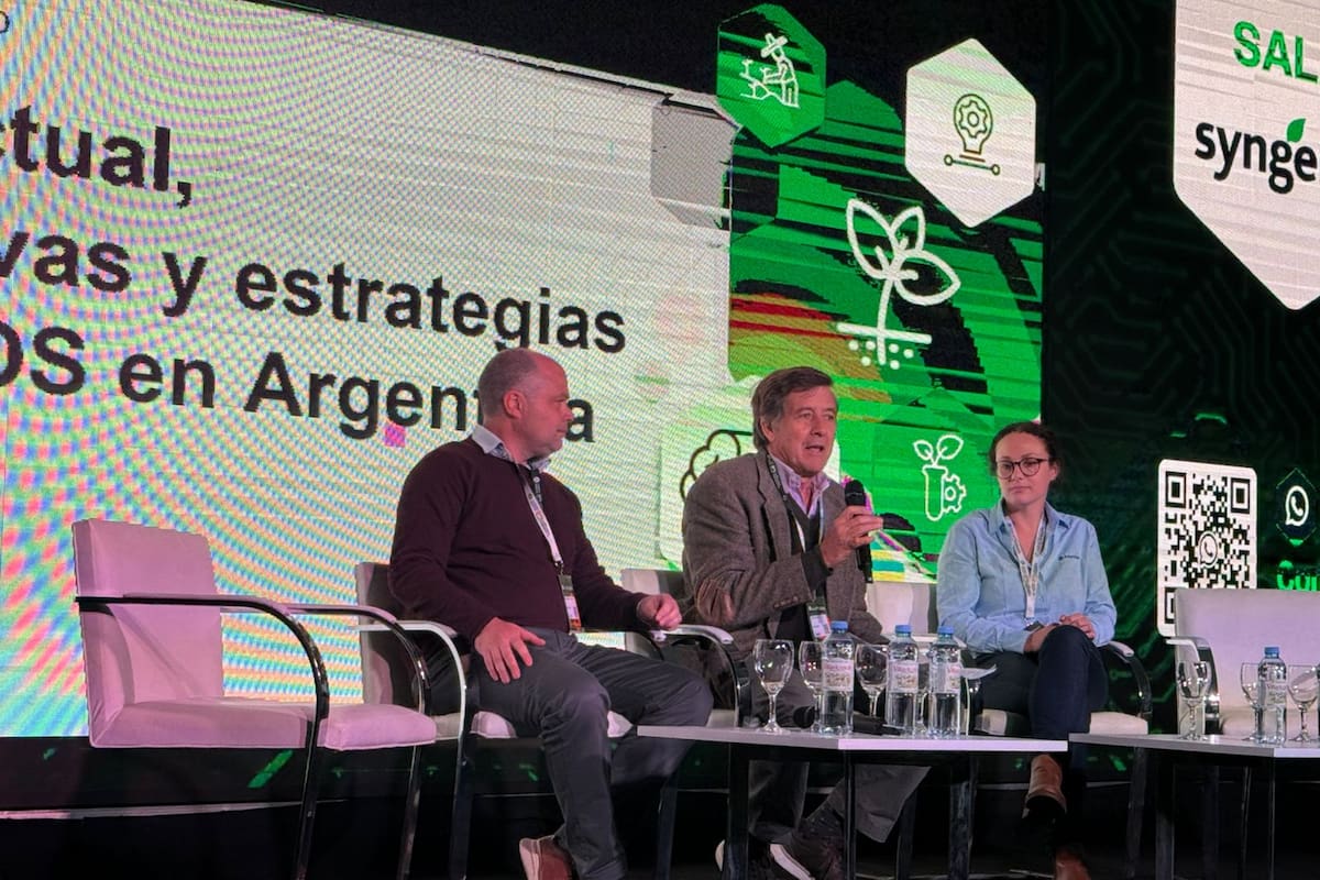 En el Congreso Aapresid, Marcelo Beltrán, del INTA, y Florencia Moresco, de Aapresid, expusieron sobre el estado actual del carbono orgánico del suelo (COS) en la Argentina. El moderador, en el centro, fue Carlos Becco