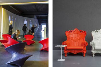 En el corredor de entrada, la demostración de que las sillas ‘Spun’ de Thomas Heatherwick son un trompo para usar. Al lado, las terrazas encendidas con las decenas de colores de estos sofás estilo Luis XV hechos en plástico reciclado por Design of Love.