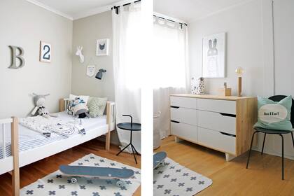 En el cuarto de Benjamín, cuna que se convirtió en cama (Oliver Furniture). Alfombra (Urban Outfitters). Cómoda (Ikea).