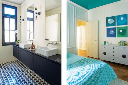Para el baño en suite, calcáreos geométricos en pisos (Compañía Argentina de Pisos) y paredes (Noi Estudio). En el cuarto de su hija, el cielo raso pintado de verde engama con la colcha estampada.