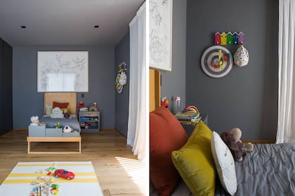 En el cuarto infantil, cama con cajones de altura “descendente” que ocupan el pie de la cama y se quitan cuando llega el momento de un colchón más grande (Krethaus). Cuadro sobre respaldo de cama (Melina Villar)